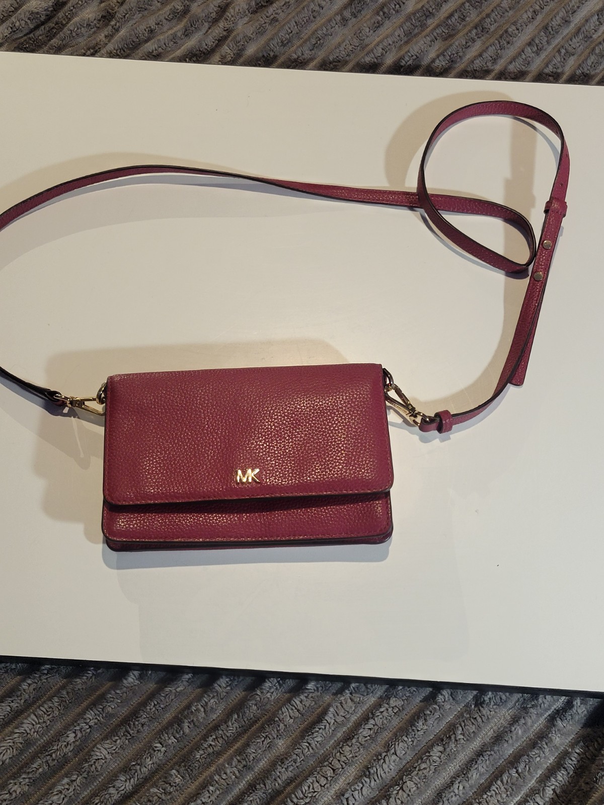Michael Kors Pebbled Leather Wallet on Chain Crossbody Bag-Dark Pink /Magenta