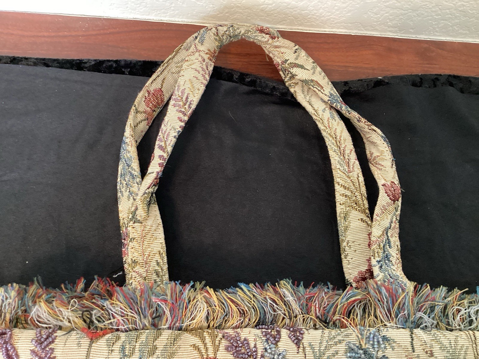 Floral & Beaded TAPESTRY PURSE Colorful Fringe Double Straps Made In India NEW