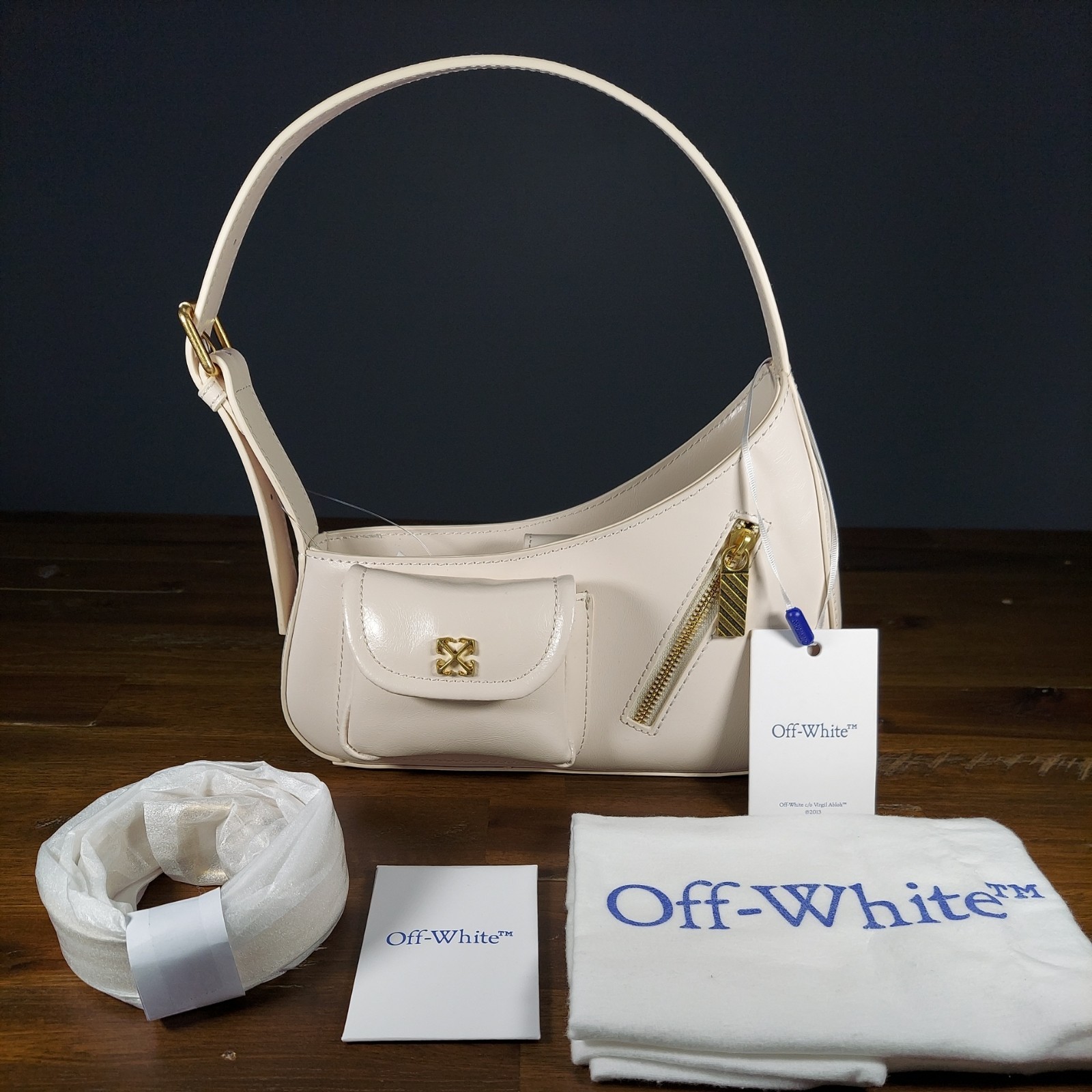 New OFF-WHITE Jitney Hobo Handbag/ Cream W/Shoulder Strap & Dust Bag