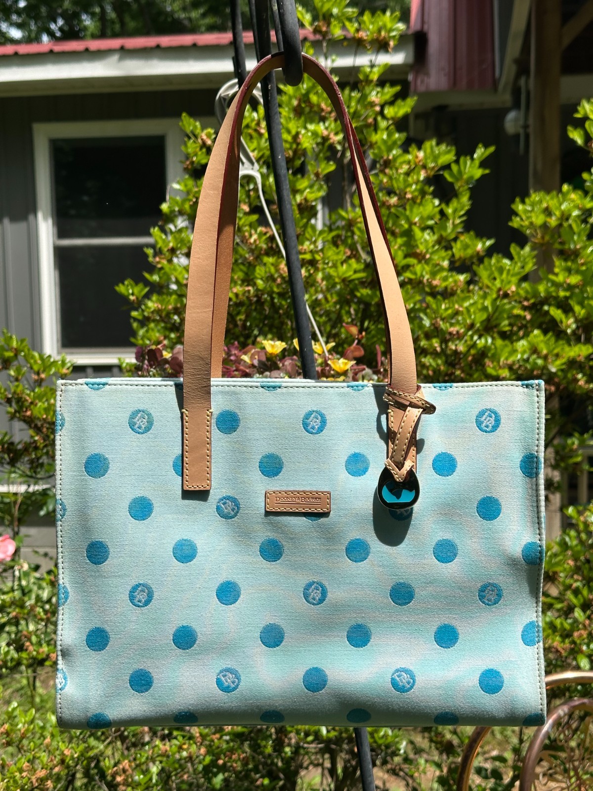Vtg Dooney & Bourke Sky Blue Polka Dots Tote Purse w Matching Wallet, BM414 SK