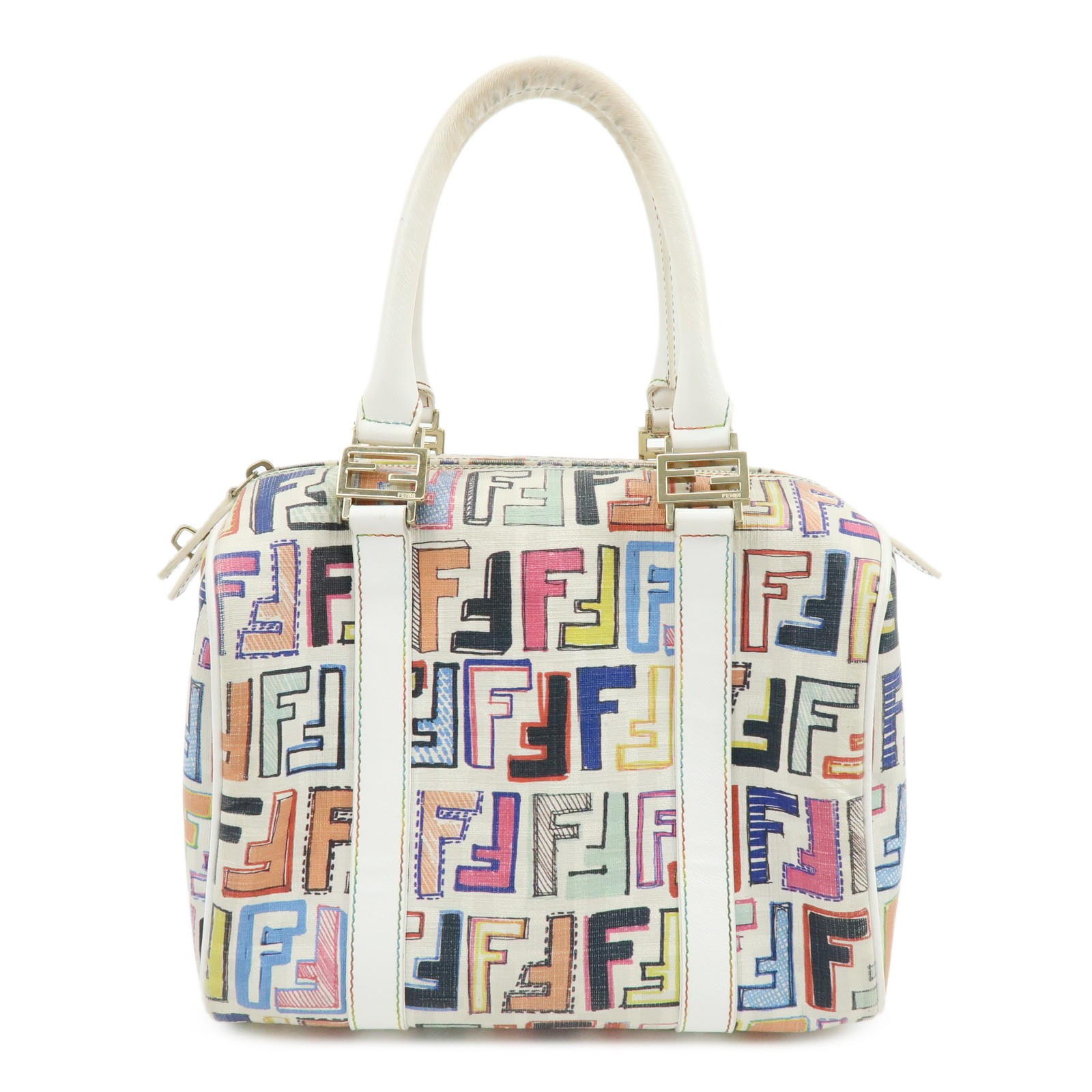 FENDI Zucca PVC Canvas Leather Boston Bag White Multicolor 8BL068 Auth Used F/S