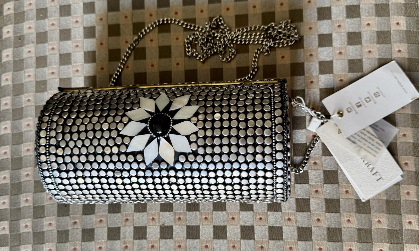 Antik Kraft Mother of Pearl Cylinder Tube Handbag with Metal Chain Mosaic Boho