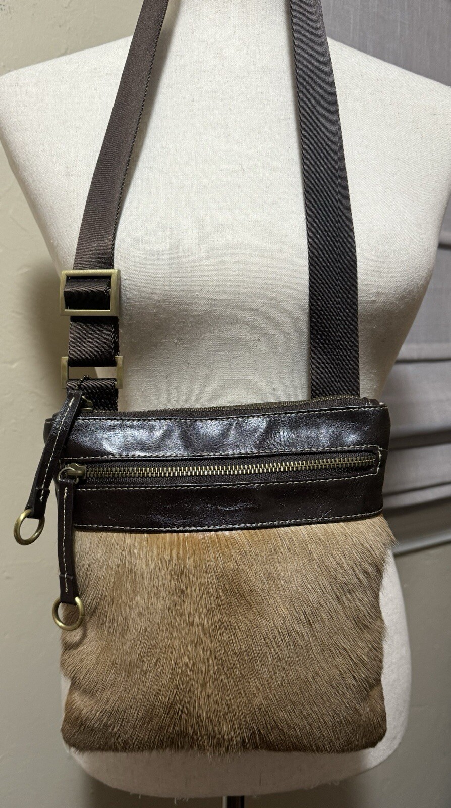 Diane Gail Springbok Fur, Leather Trim Crossbody, Shoulder Bag, Purse, EUC