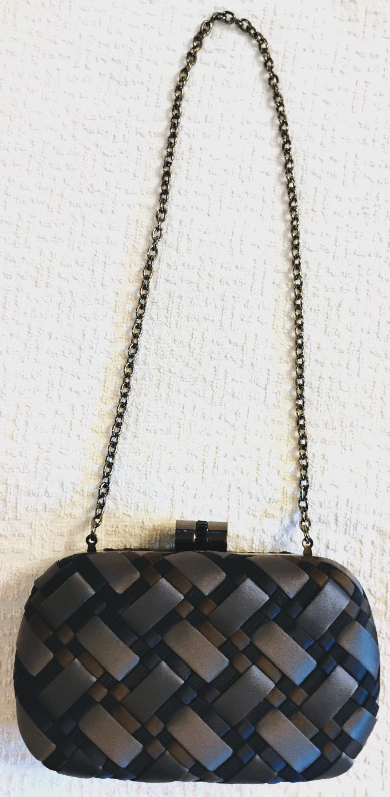 ⚫ Sondra Roberts Evening Clutch Satin Weave Crystal Clasp Black Stainless Steel