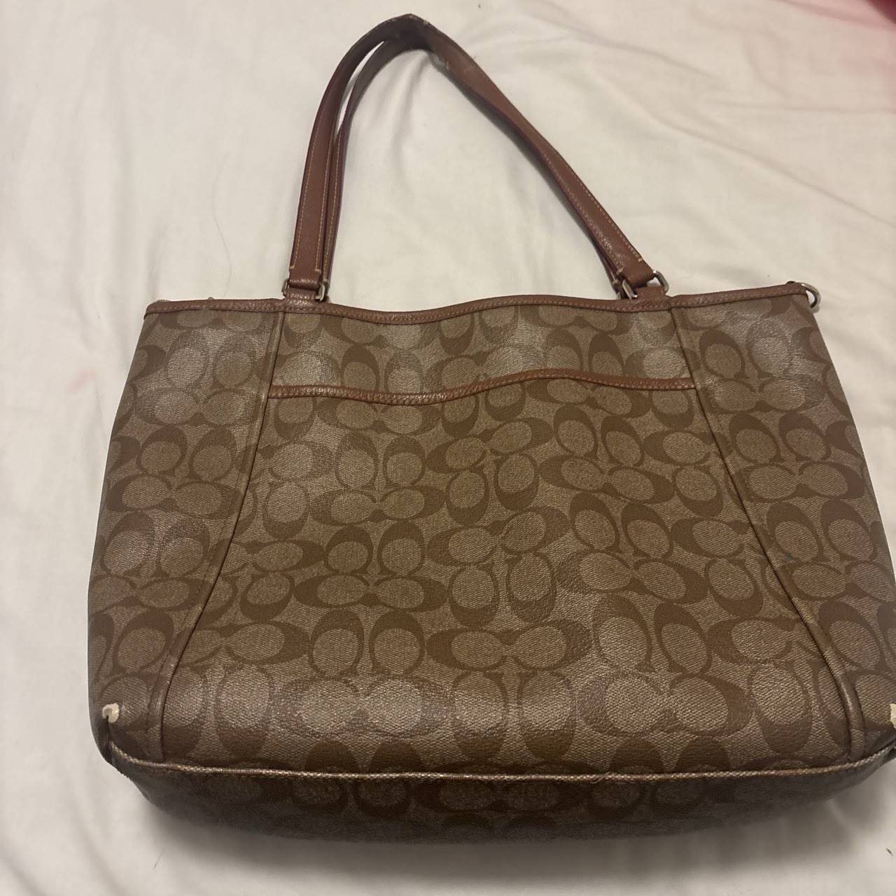 Coach Signature Logo Shoulder Bag Zip Top Brown/Tan Gold Hardware Inner Pockets