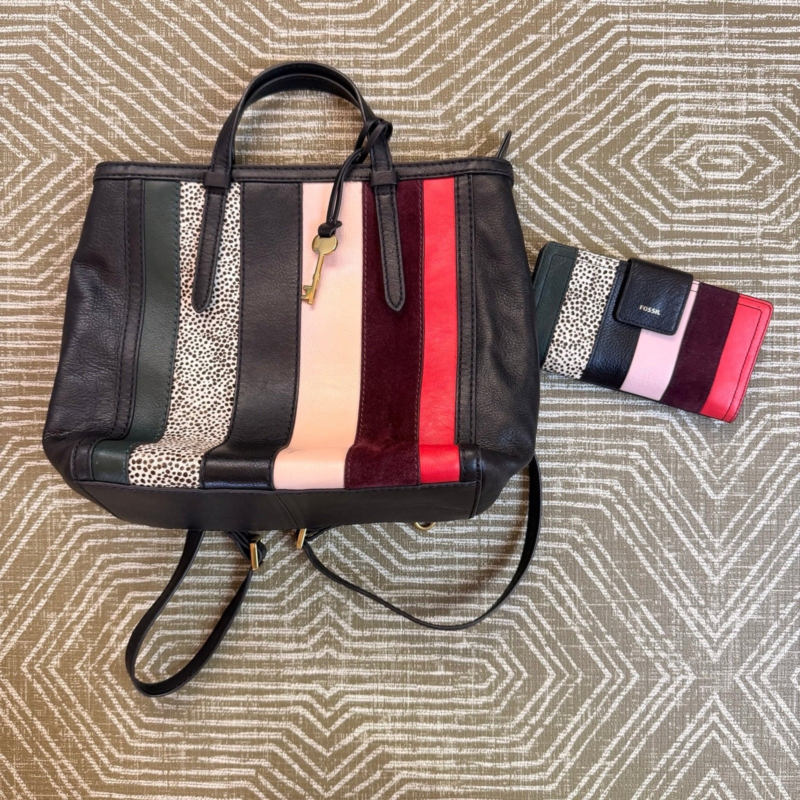 Fossil Matching Leather Backpack & Wallet Set Patchwork Stripe Haircalf Multi