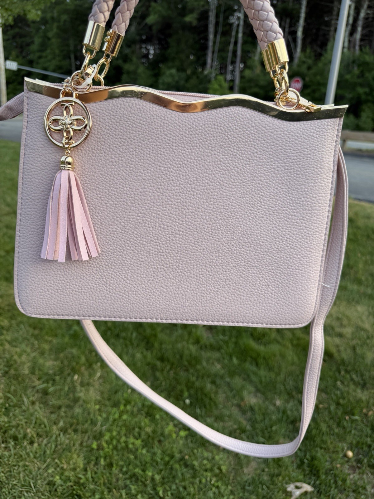 Pink Top Handle Bag Zip, Detachable Crossbody Strap, Tassel