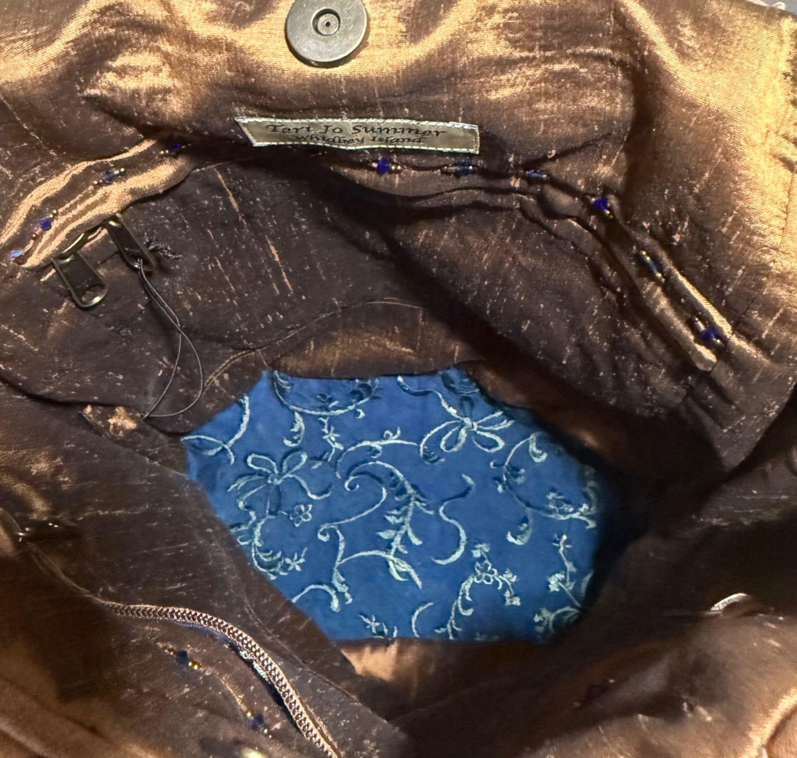 Artisan Hand-crafted Leather Tote Silk Lining – Lapis Hand Beaded – Shoulder Bag