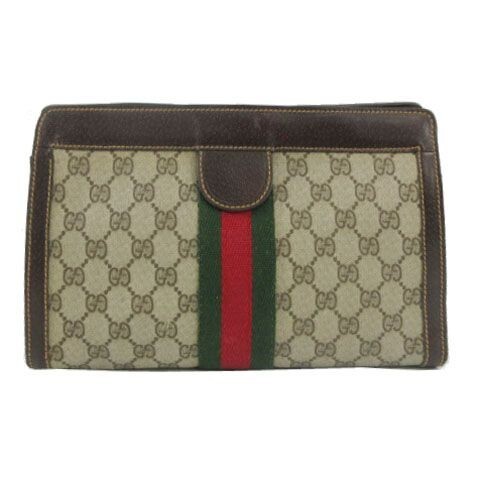 Gucci GG Supreme Sherry Line Clutch Bag Brown PVC Leather Vintage 27.5cm 18cm
