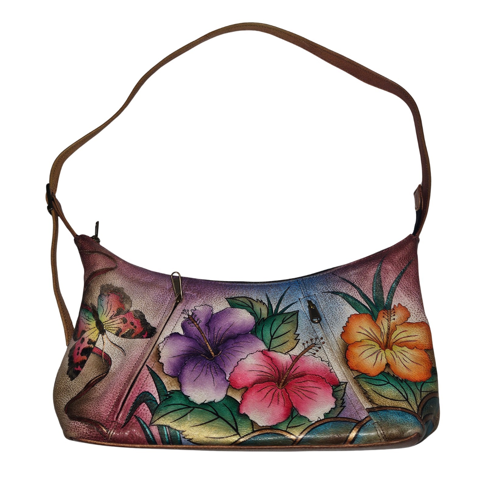 Anushka Hand Painted Leather Hobo Shoulder Bag Zip Pockets Floral Butterfly