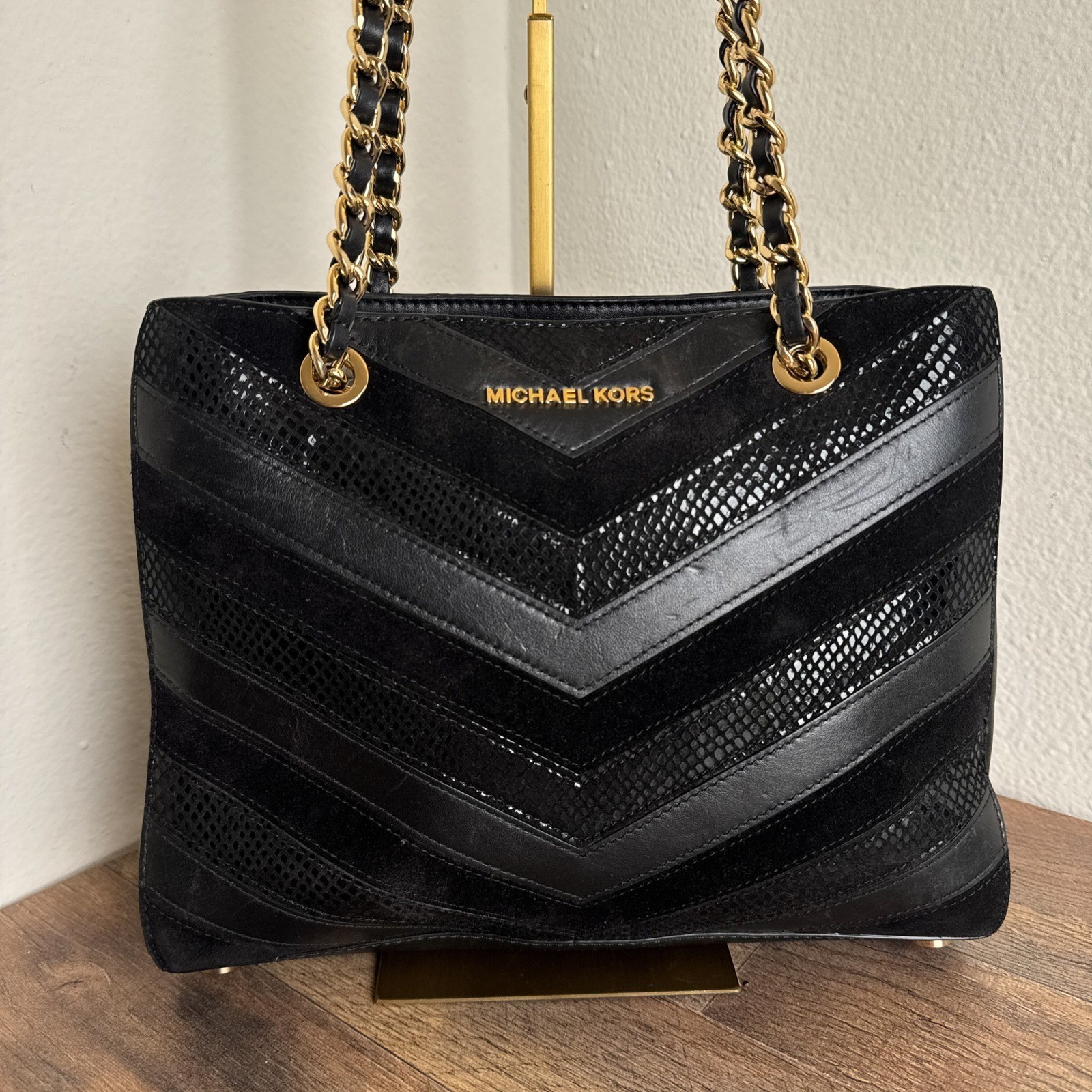 Michael Kors Susannah Chevron Black Tote Bag Patchwork Snakeskin Embossed