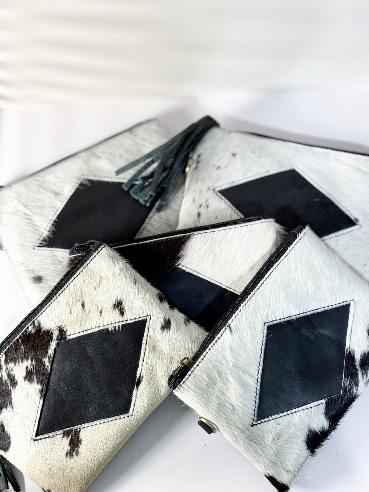 Genuine Cowhide Leather Zipper Pouch Clutch Western Black White