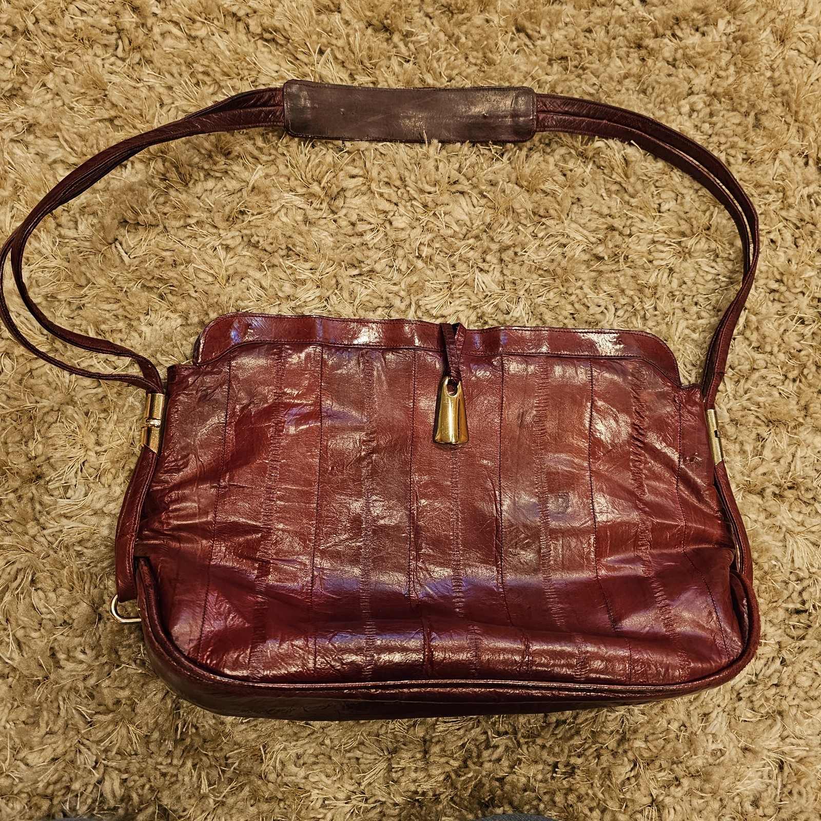Vintage Genuine Eel Skin Leather Shoulder Bag Oxblood -Made In Korea B85