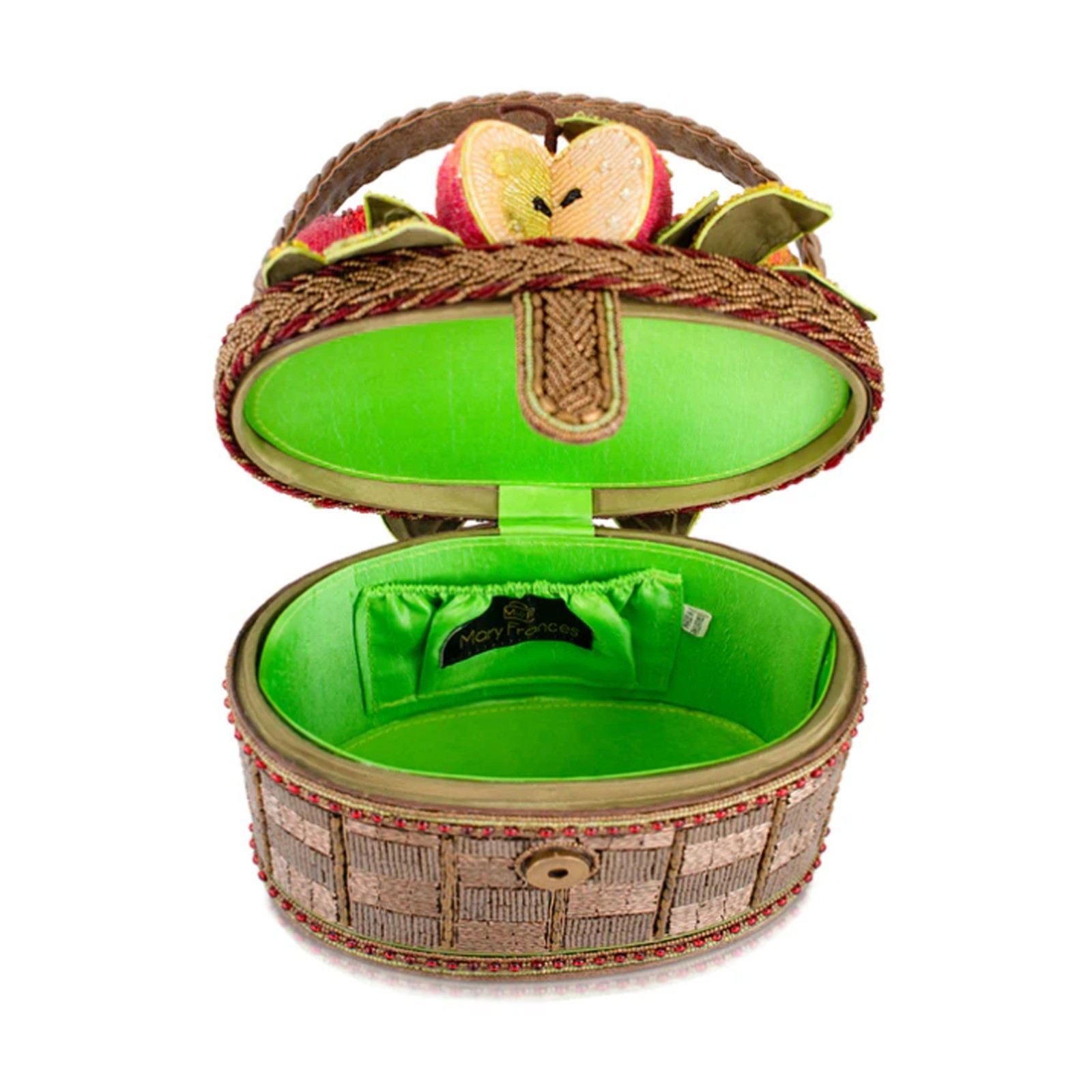 Mary Frances Apple Orchard Top Handle Bag Red Gold Basket Handbag Beige Purse NW