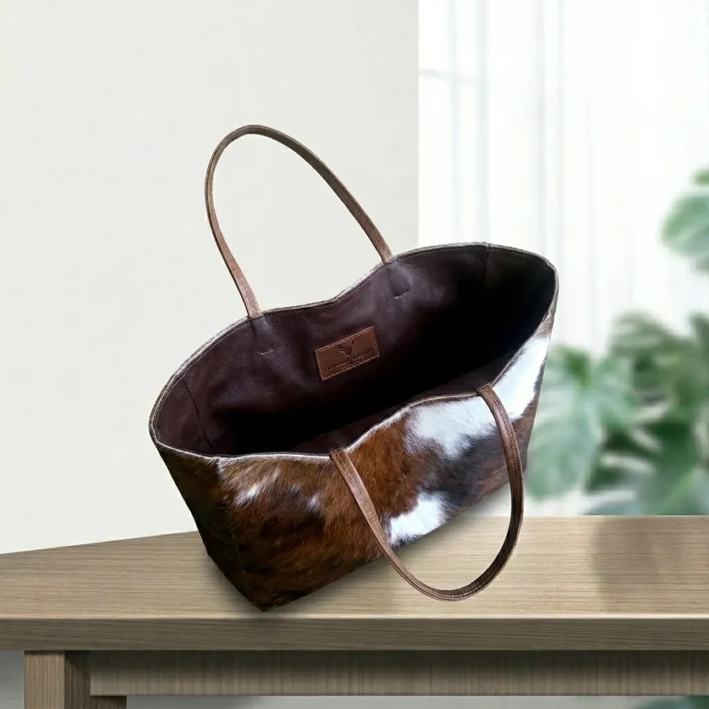 Cowhide Leather Tote Bag, Brown White Cow Print Purse, Shoulder Bag, Women