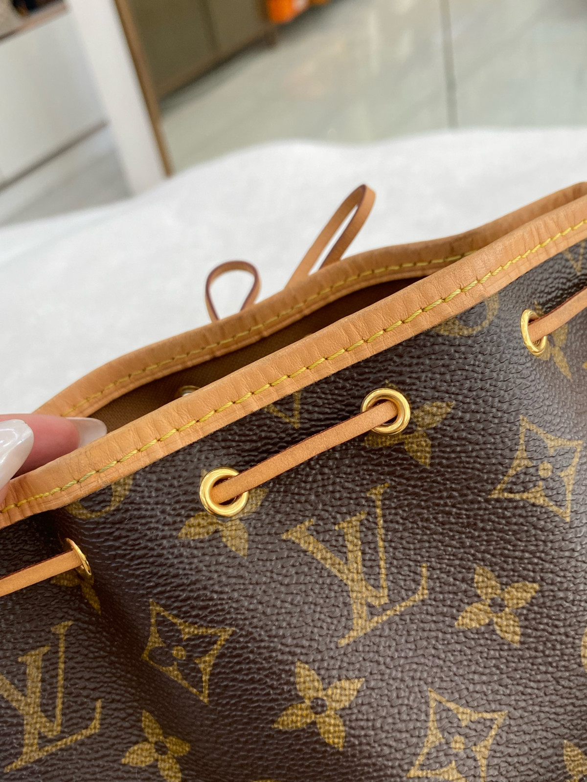 Authentic Louis Vuitton Nano Noé Monogram Canvas, Vachetta Leather Bucket Bag