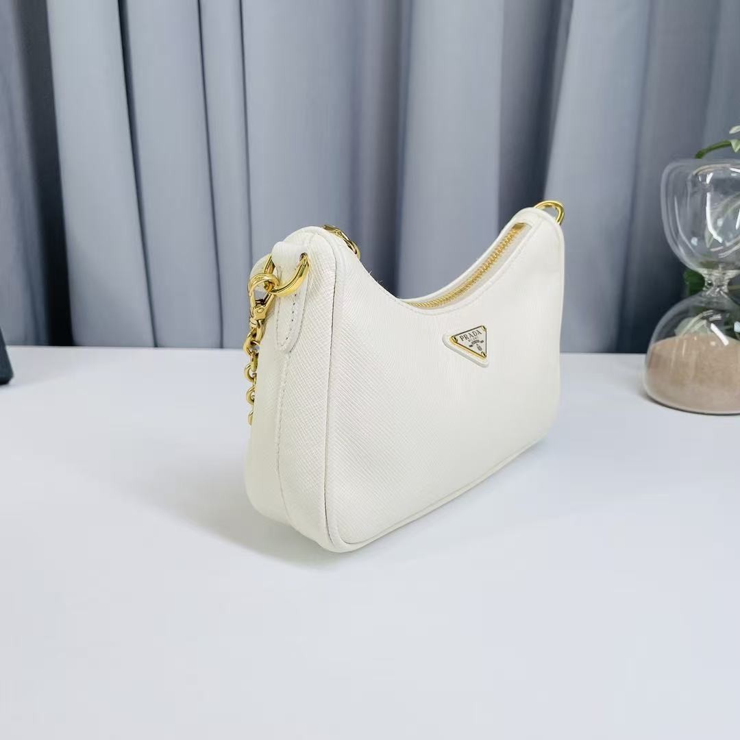 Prada Re-Edition 2005 Mini Hobo Bag White Saffiano Leather Gold Hardware 2WayBag