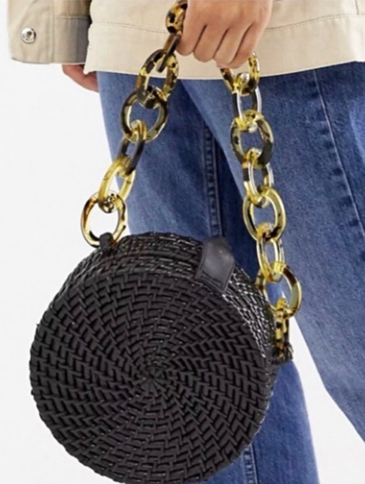 Cleobella Black Round Shoulder Bag Tortoise Chain Strap Snap Closure