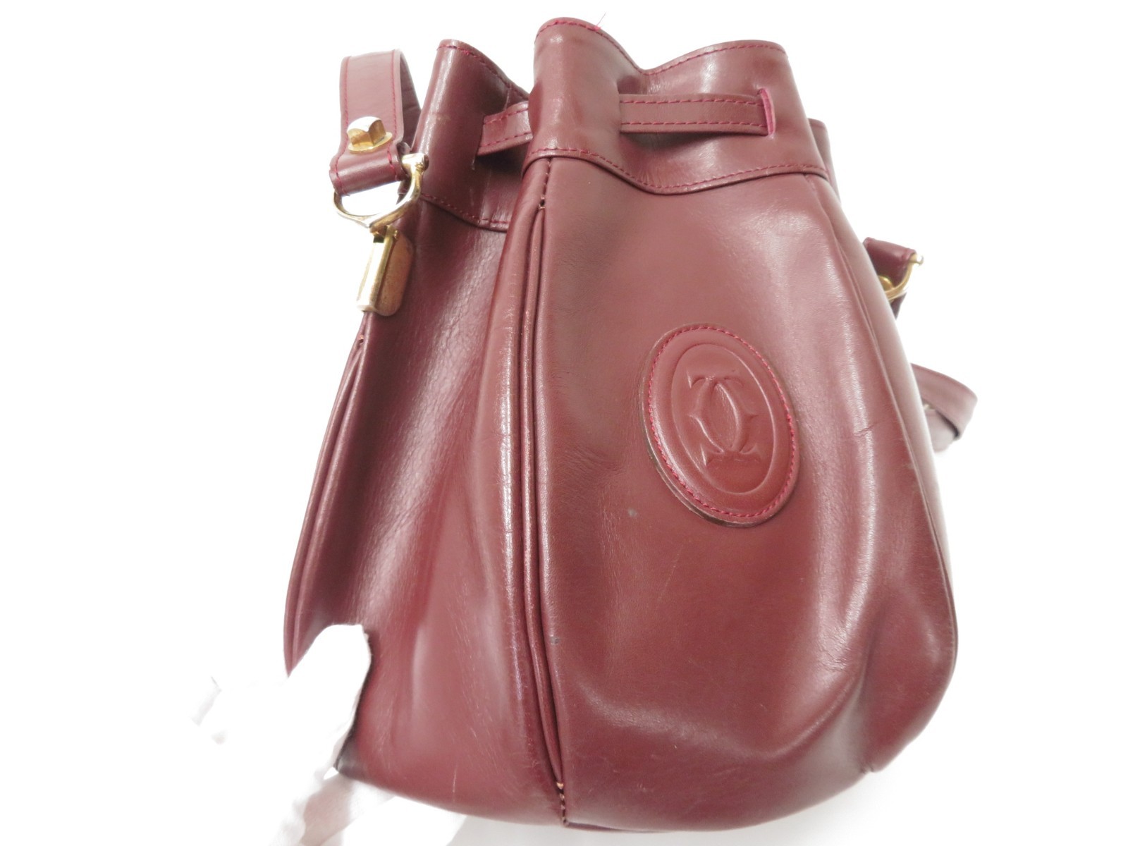 Authentic Must de Cartier Bordeaux Leather Drawstring shoulder Bag #47086