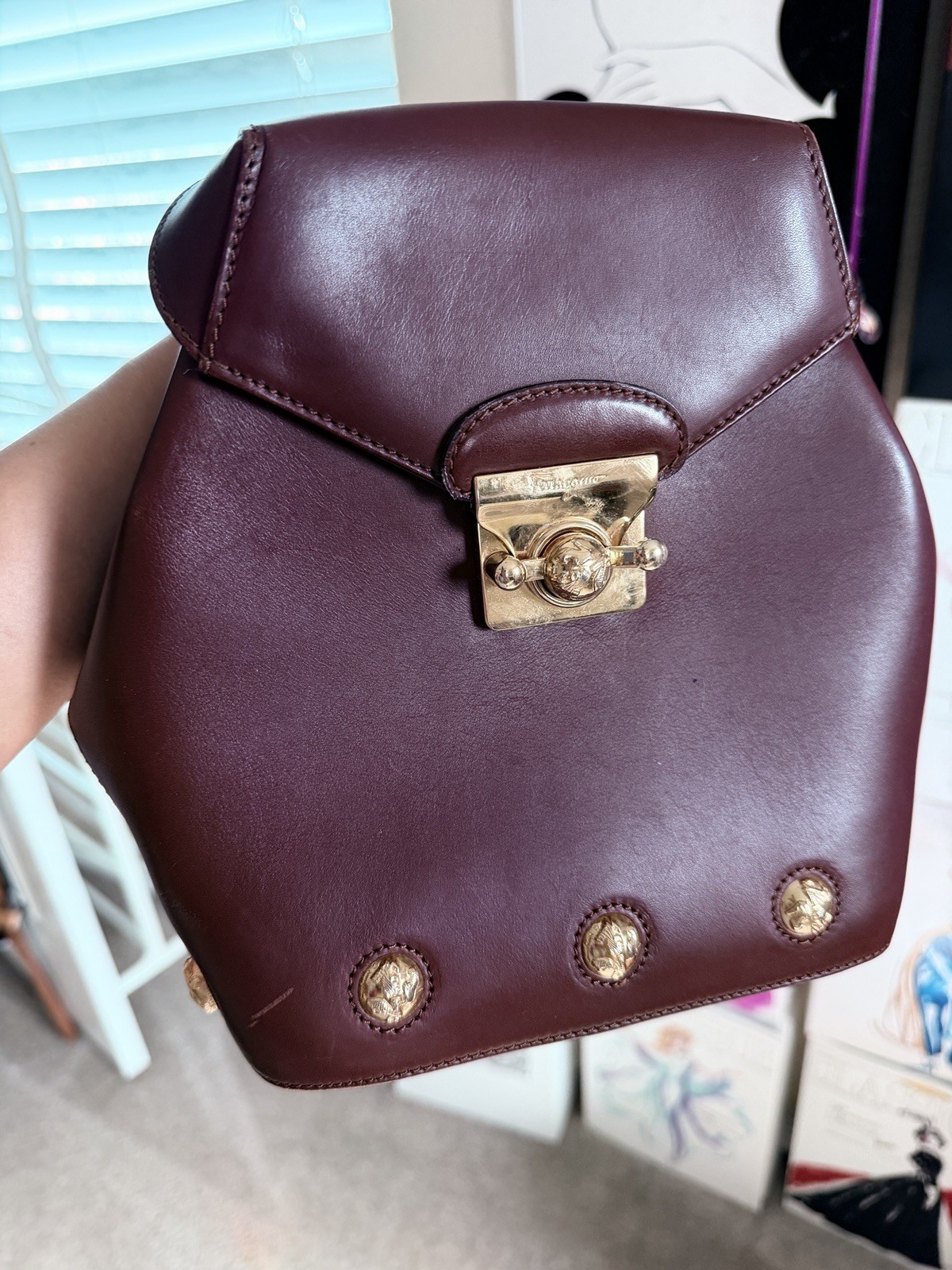 Salvatore Ferragamo Burgundy Backpack Gold Hardware Gancini Charm Buckle