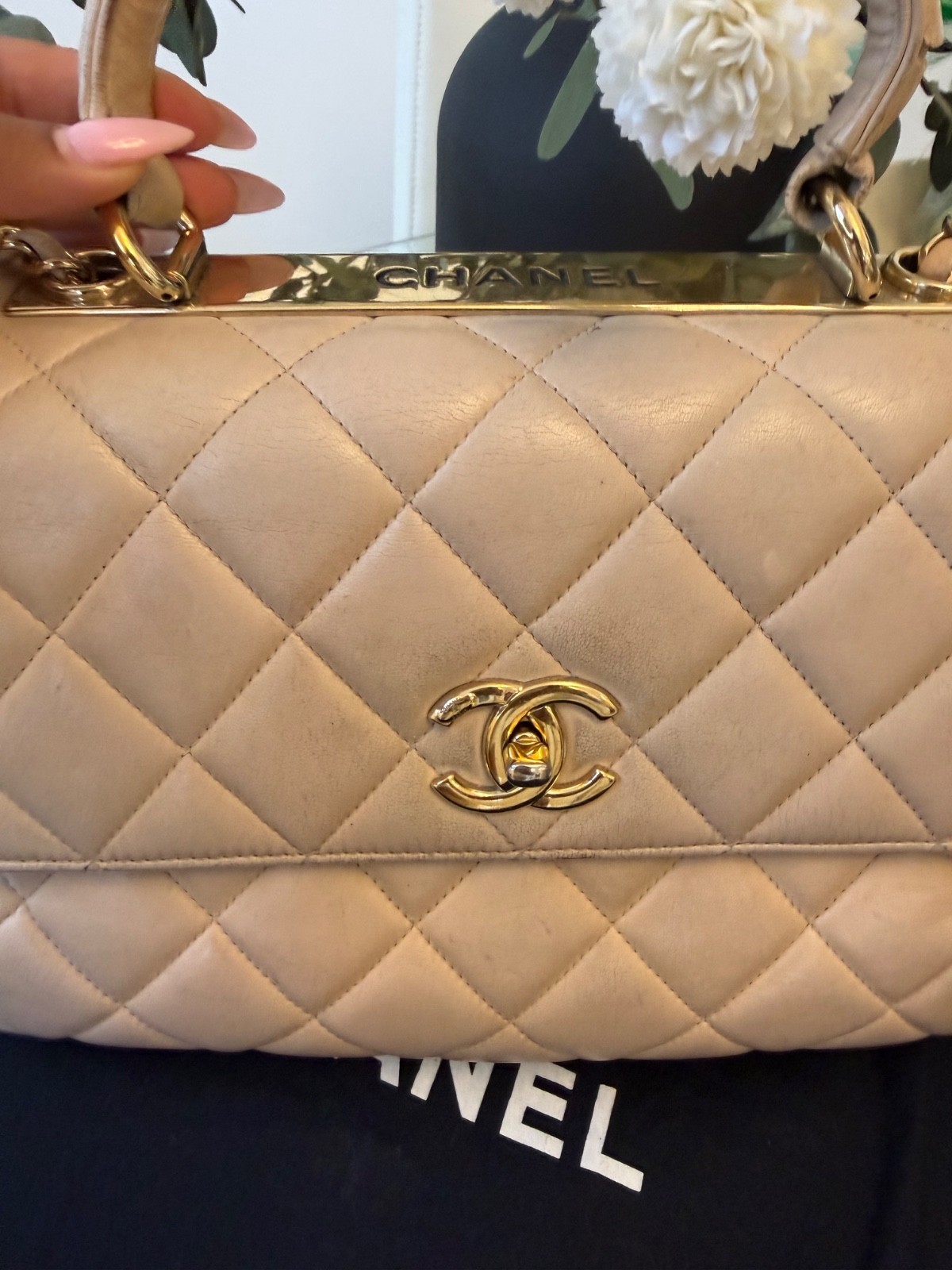 Chanel Beige Top Handle Bag Quilted Lambskin Medium Neutral Gold Hardware