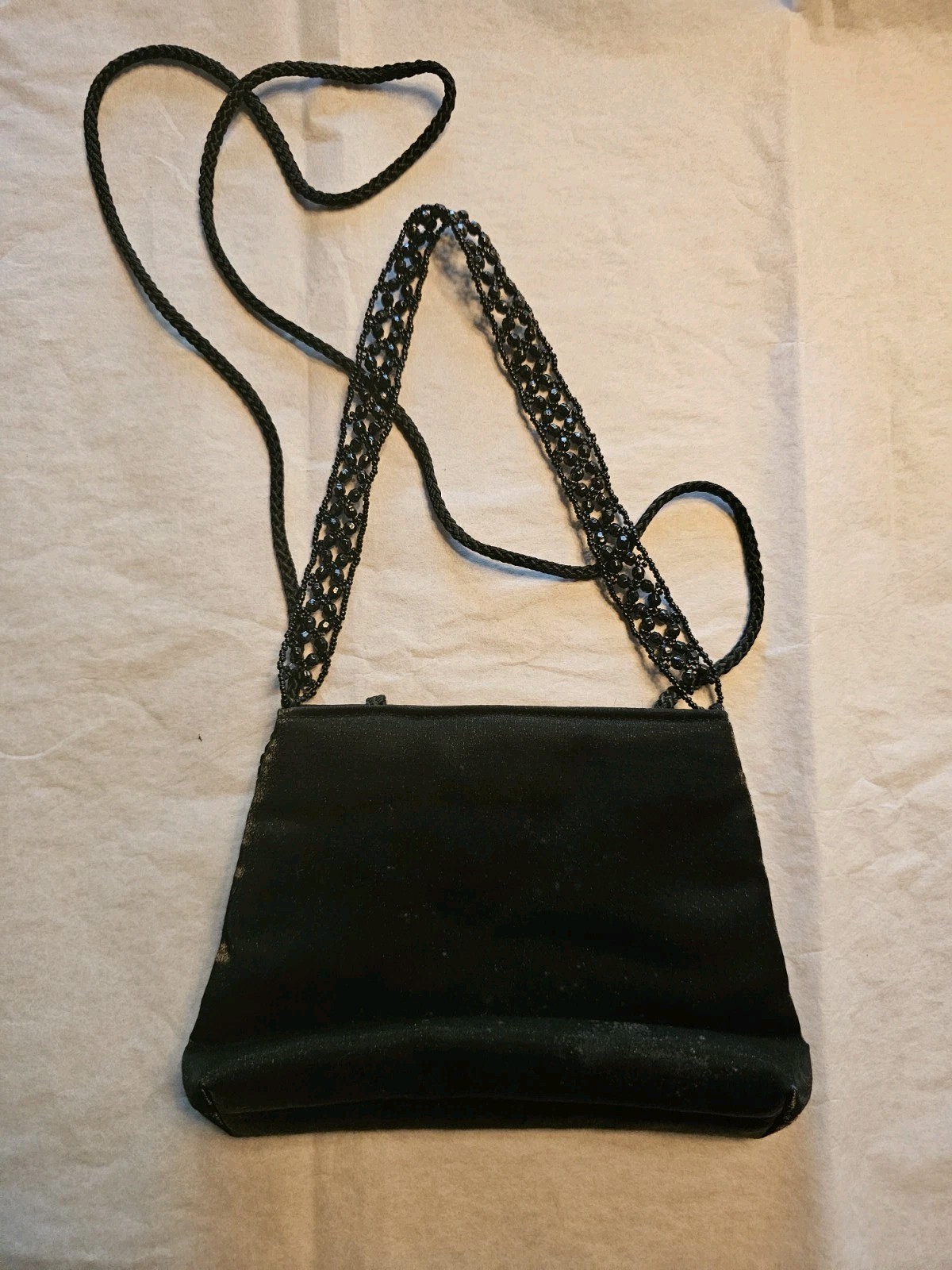 La Regale Black Evening Satin Sheen Bag With Beaded Strap and Long Strap
