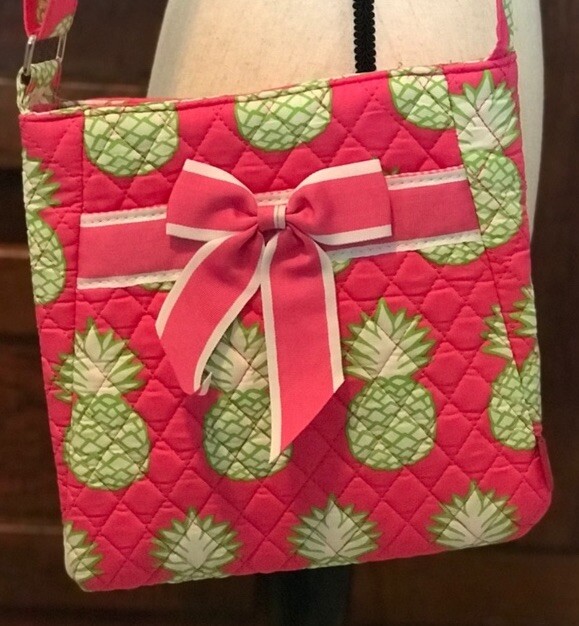 N.Gil Bag Purse Quilted Pink Green Cotton Pineapples Adjustable Strap 10″ Tote