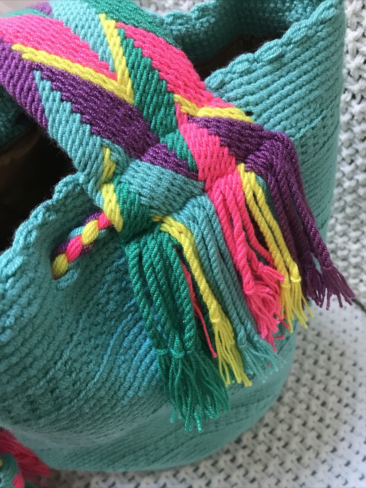 BOHO OVER THE SHOULDER CROSS BODY PURSE BAG CROCHET/KNIT TURQUOISE WITH TASSELS
