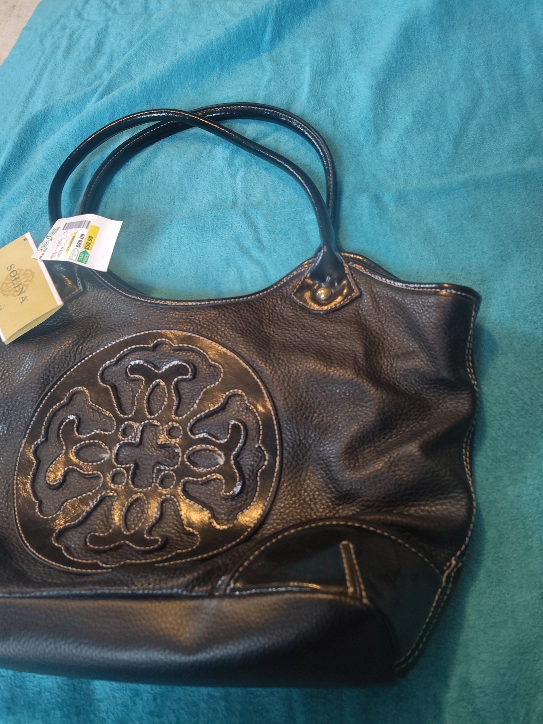Solina Black Leather Satchel Tote Purse Embossed Scroll Design New Tags