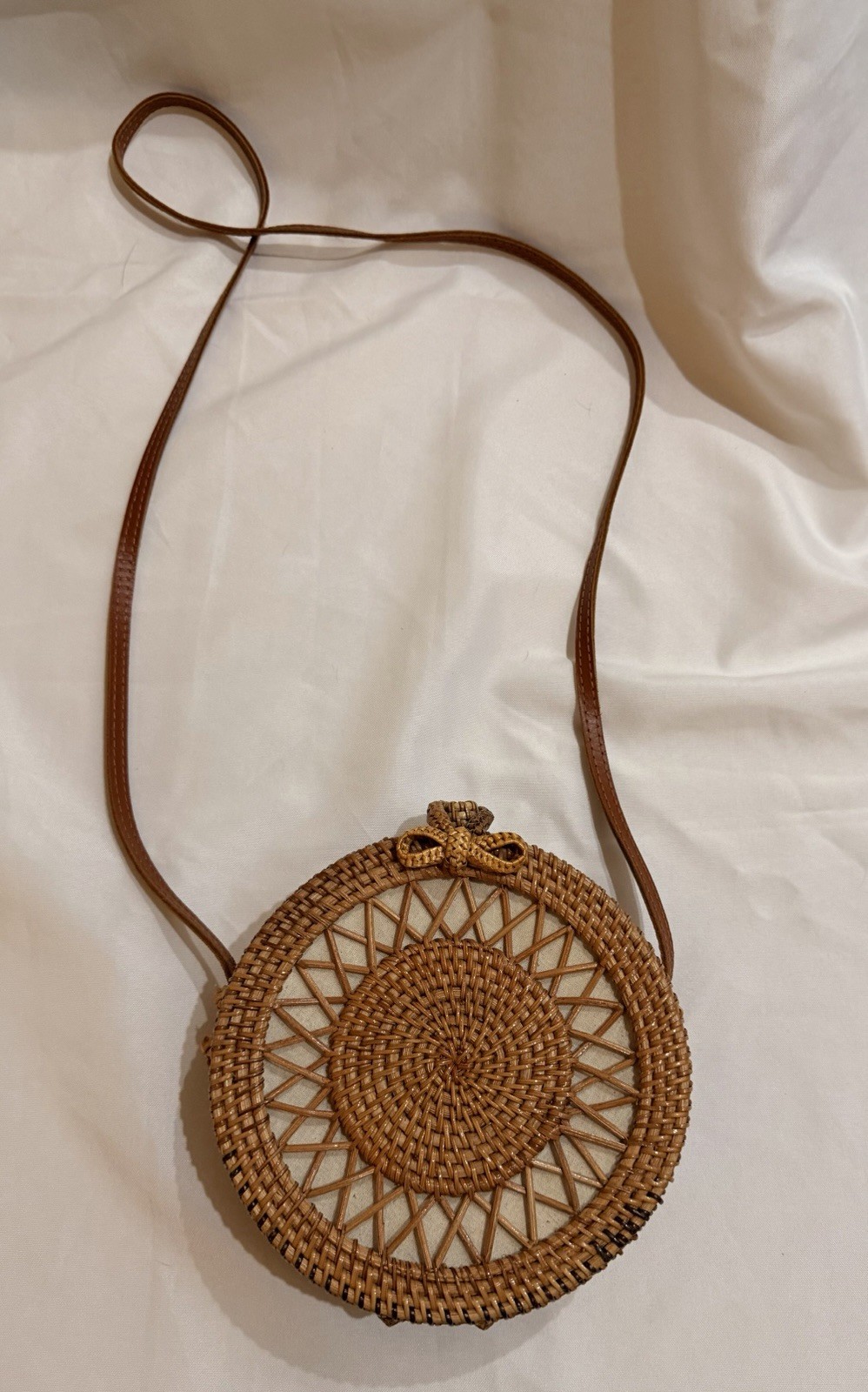 Round Rattan Crossbody Bag Bali Style Woven Straw Boho Summer Purse
