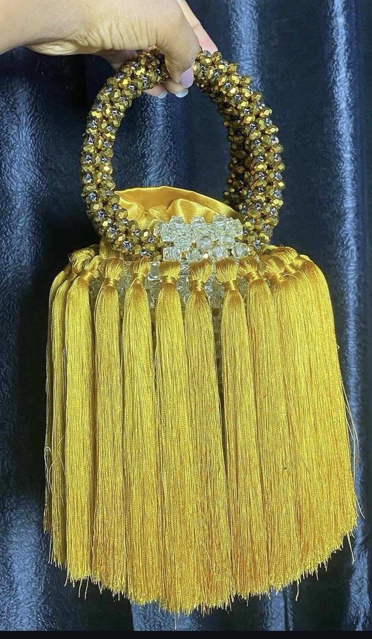 Beaded Top Handle Bag Gold Red Black Brown Tassel Drawstring Women’s Handbag