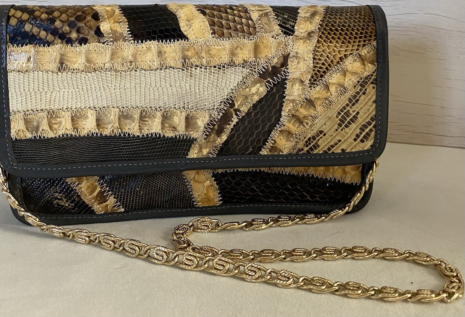 Vintage Bags by Varon Tan and Brown Exotic Leather Patchwork Small Clutch Bag