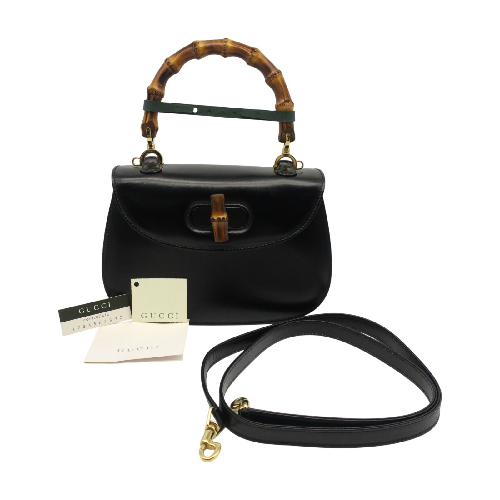 Gucci Bamboo Top Handle Turn Lock Leather Flap Bag Crossbody Strap Handbag Black