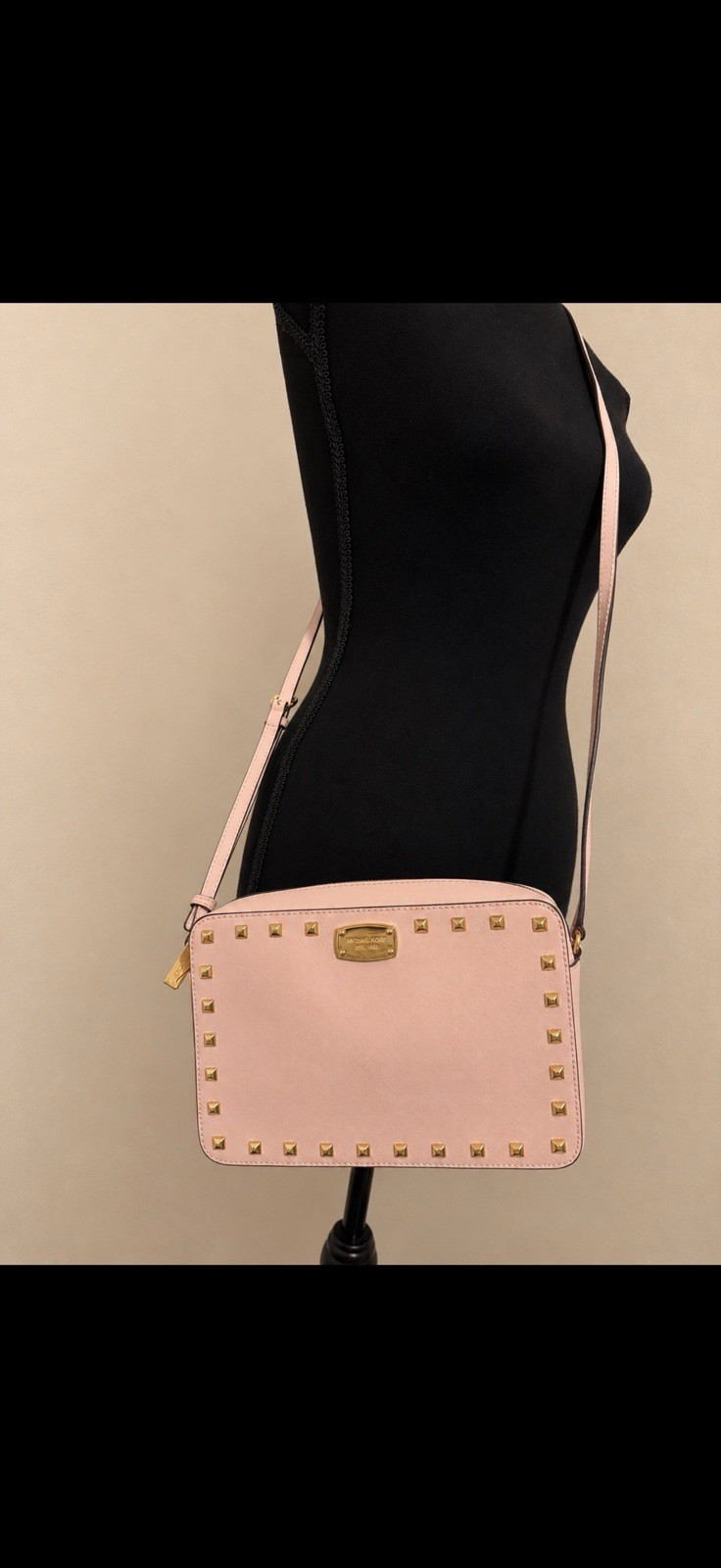 Michael Kors Pink Medium Studded Zip Crossbody Bag, Detachable Strap, Gold