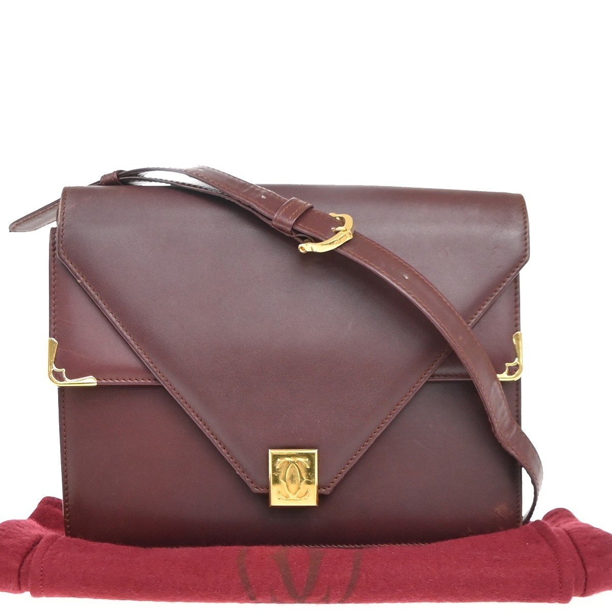 MUST DE CARTIER 2C Logo Double Flap Shoulder Bag Leather Red GHW Spain 67MA239