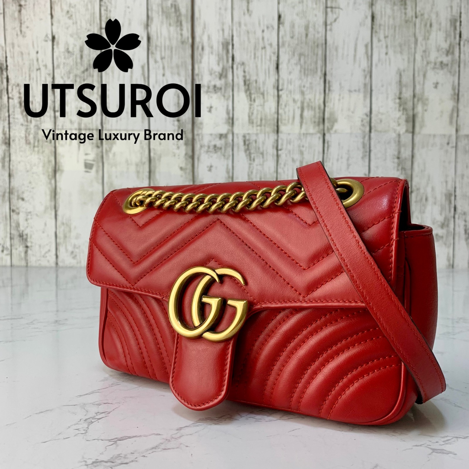 GUCCI GG Marmont Quilting Small Crossbody Shoulder Bag Red Auth【Condition:S】