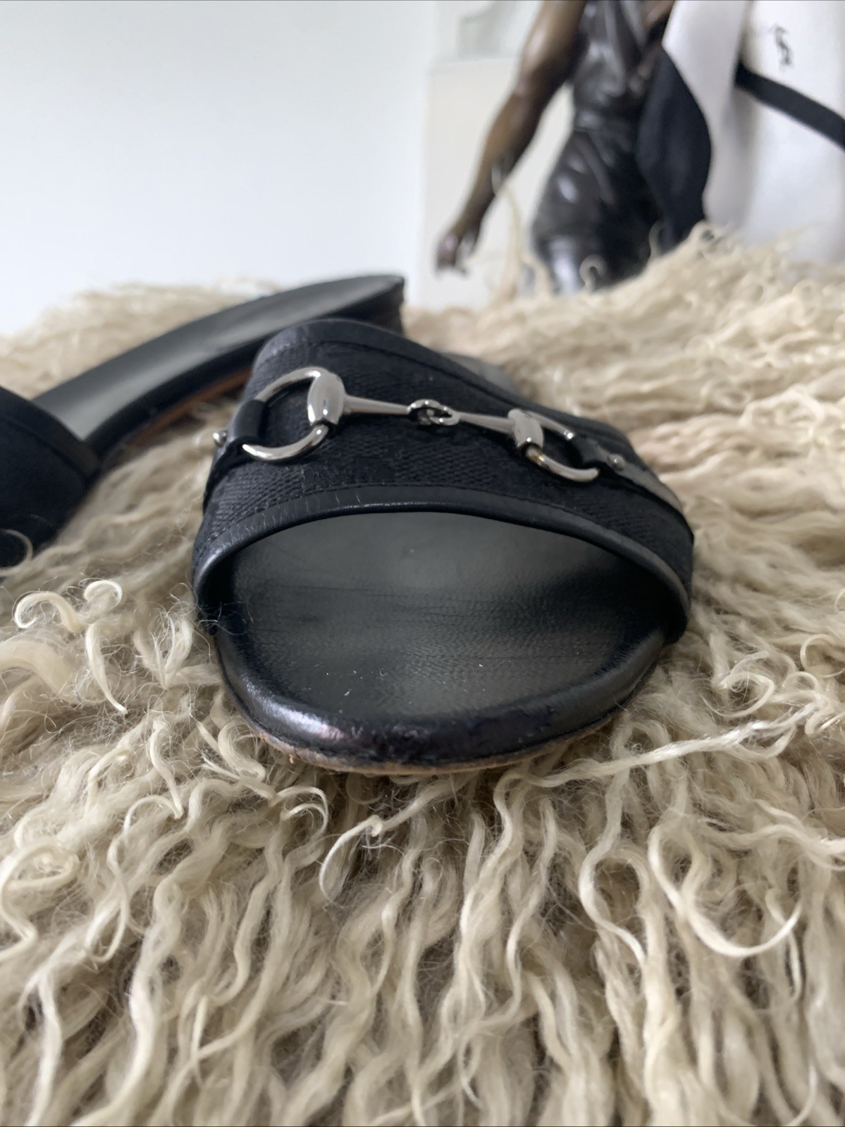 Gucci Italy 71/2 B Black Leather Canvas Logo Buckle Flats Shoes Women’s