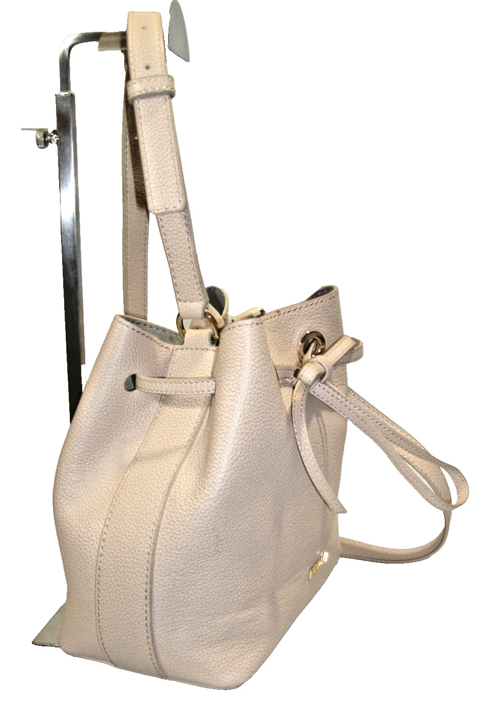 Furla Beige Soft Pebbled Leather Suede Lined Drawstring Bucket Shoulder Bag MINT