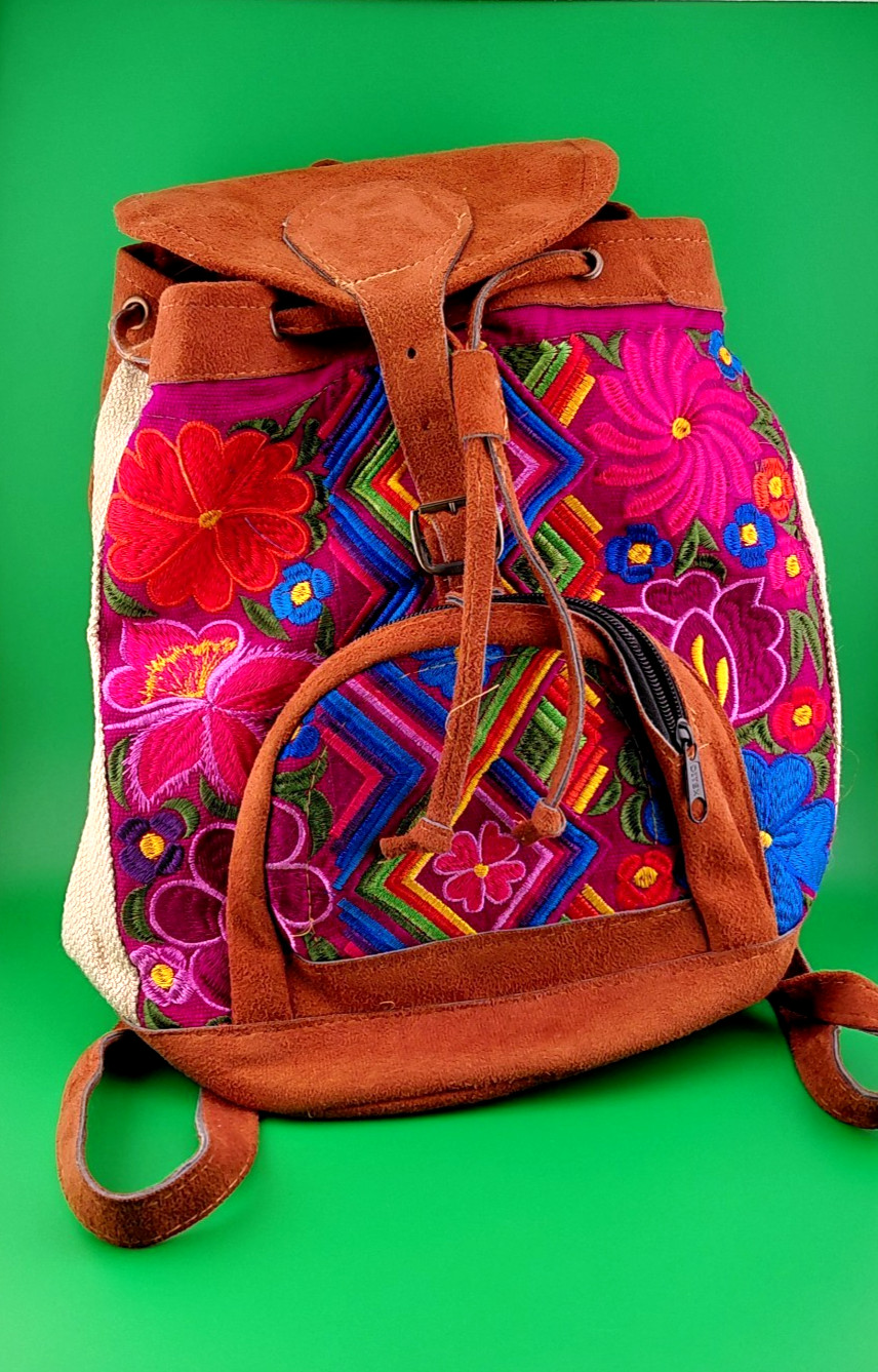 Handcrafted Artisan Embroidered Suede Backpack Boho Guatemalan Folk Art Floral