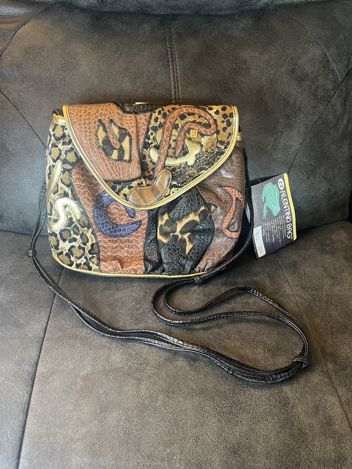 Vtg 80s NAS Alentino Synthetic Frogskin Crossbody Bag Patchwork Faux Leather NWT
