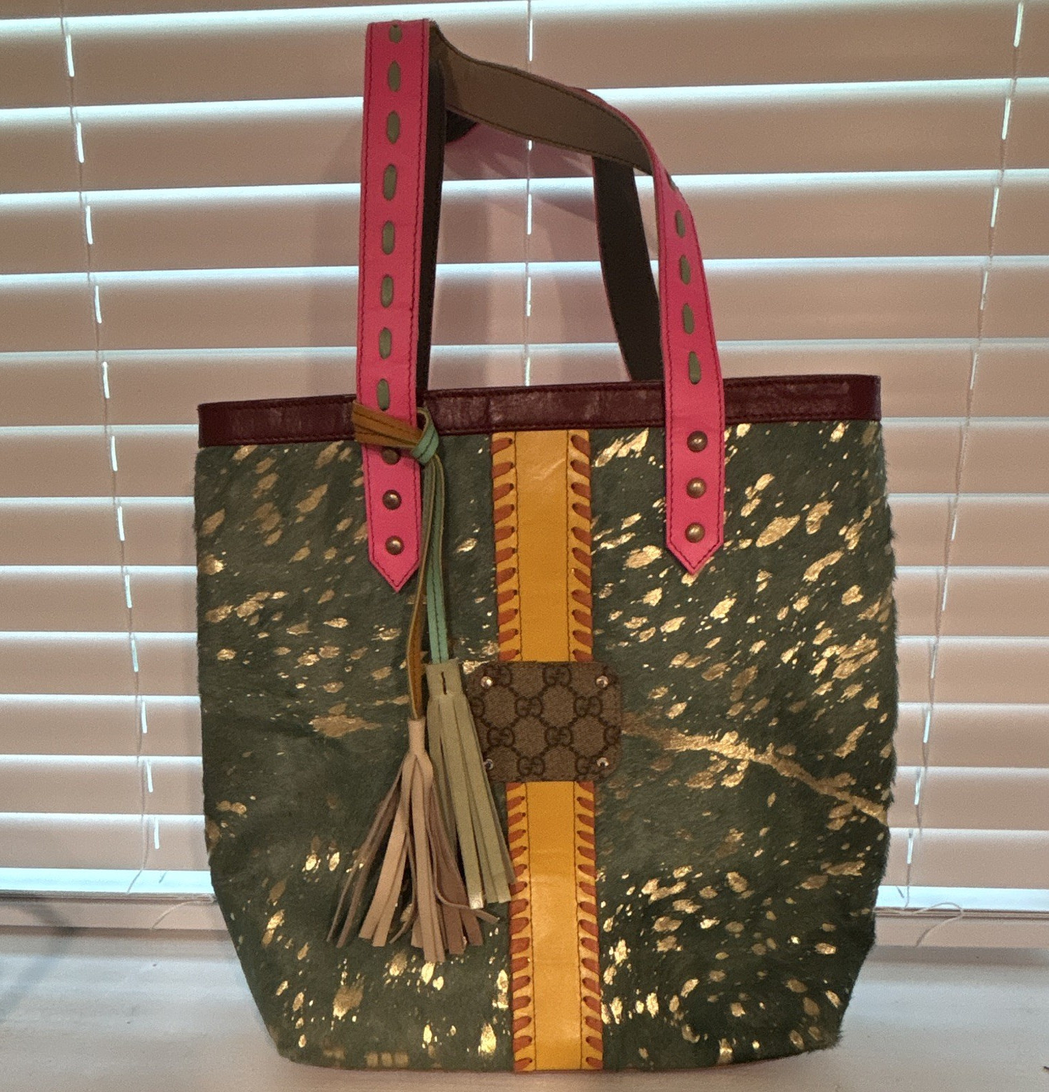 Green Animal Print Large Tote Pink Double Handles Gold Hardware Fringe Zip