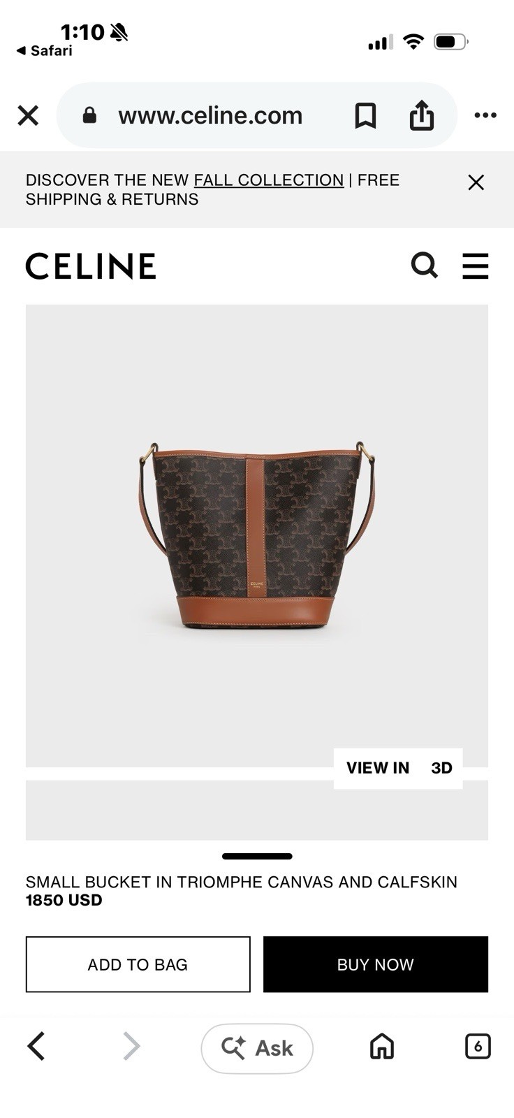 CELINE Triomphe Small Brown/Black Bucket Shoulder Bag Logo Gold Hardware Strap