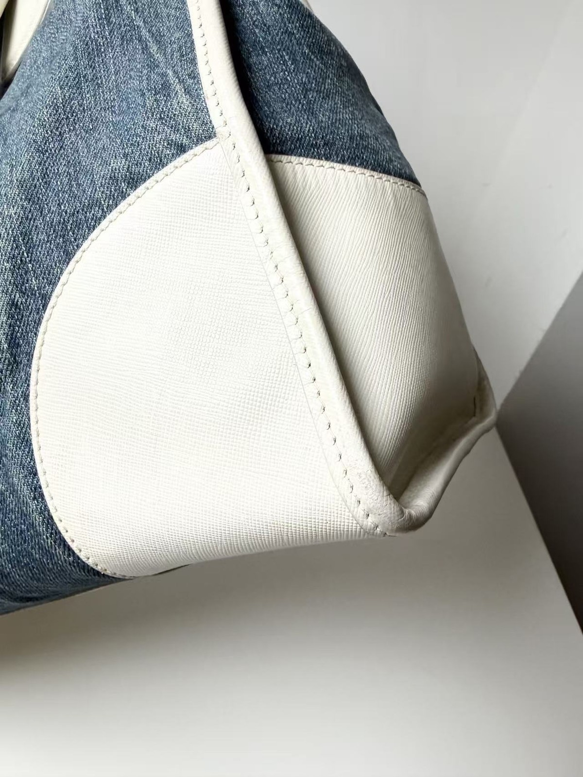 Authentic Prada Denim White Leather 2-Way Shoulder Tote Bag Italy