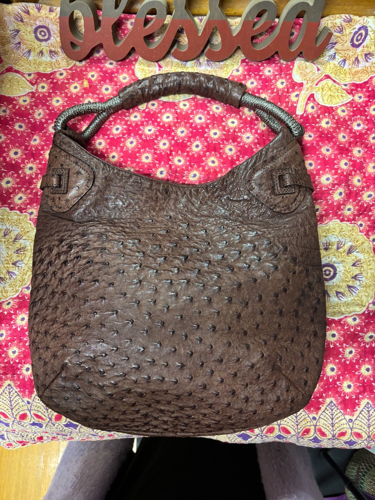 NUTI BROWN SEVILLANA OSTRICH LEATHER SINGLE HANDLE HOBO BAG