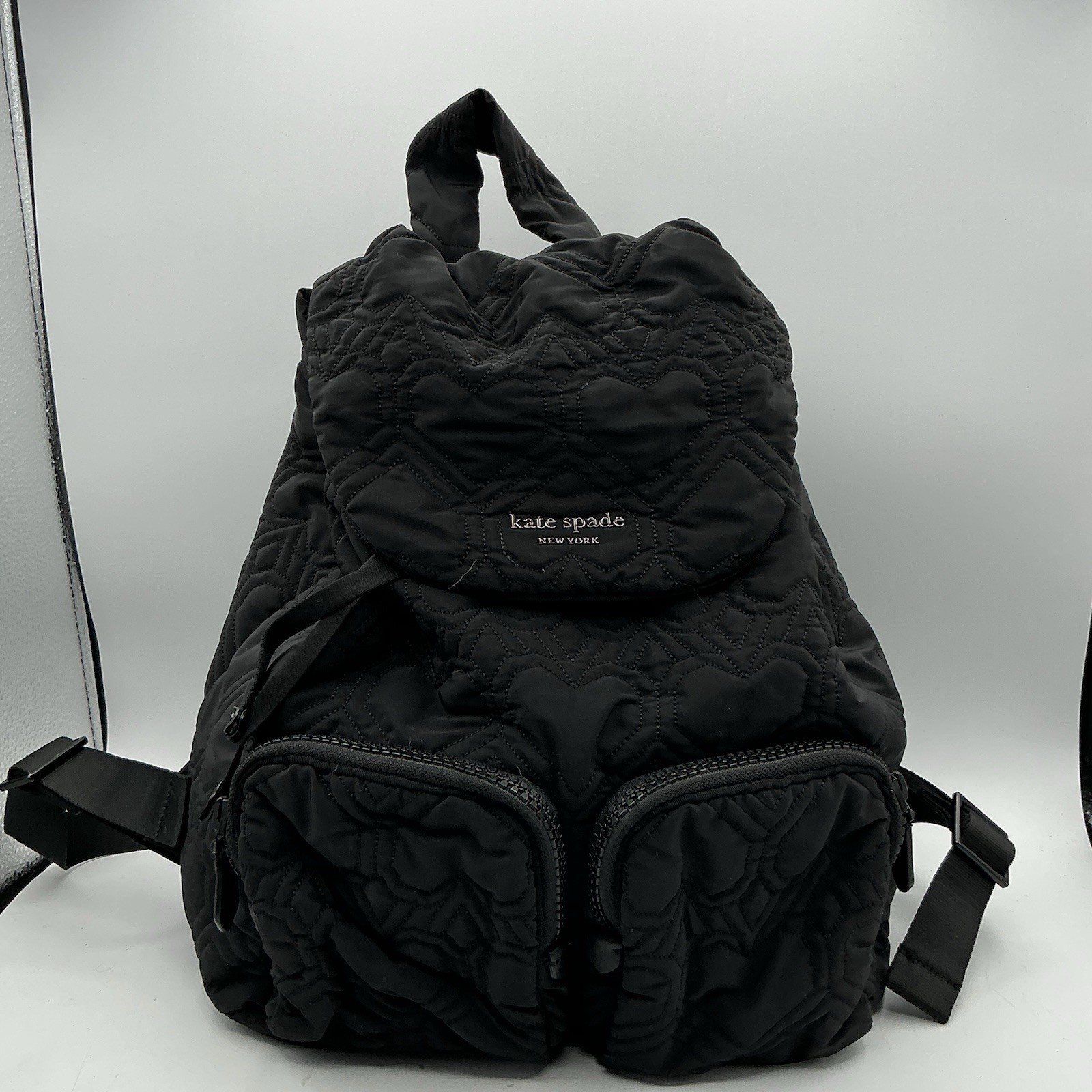 Kate Spade Black Quilted Heart Nylon Backpack Drawstring Front Pockets