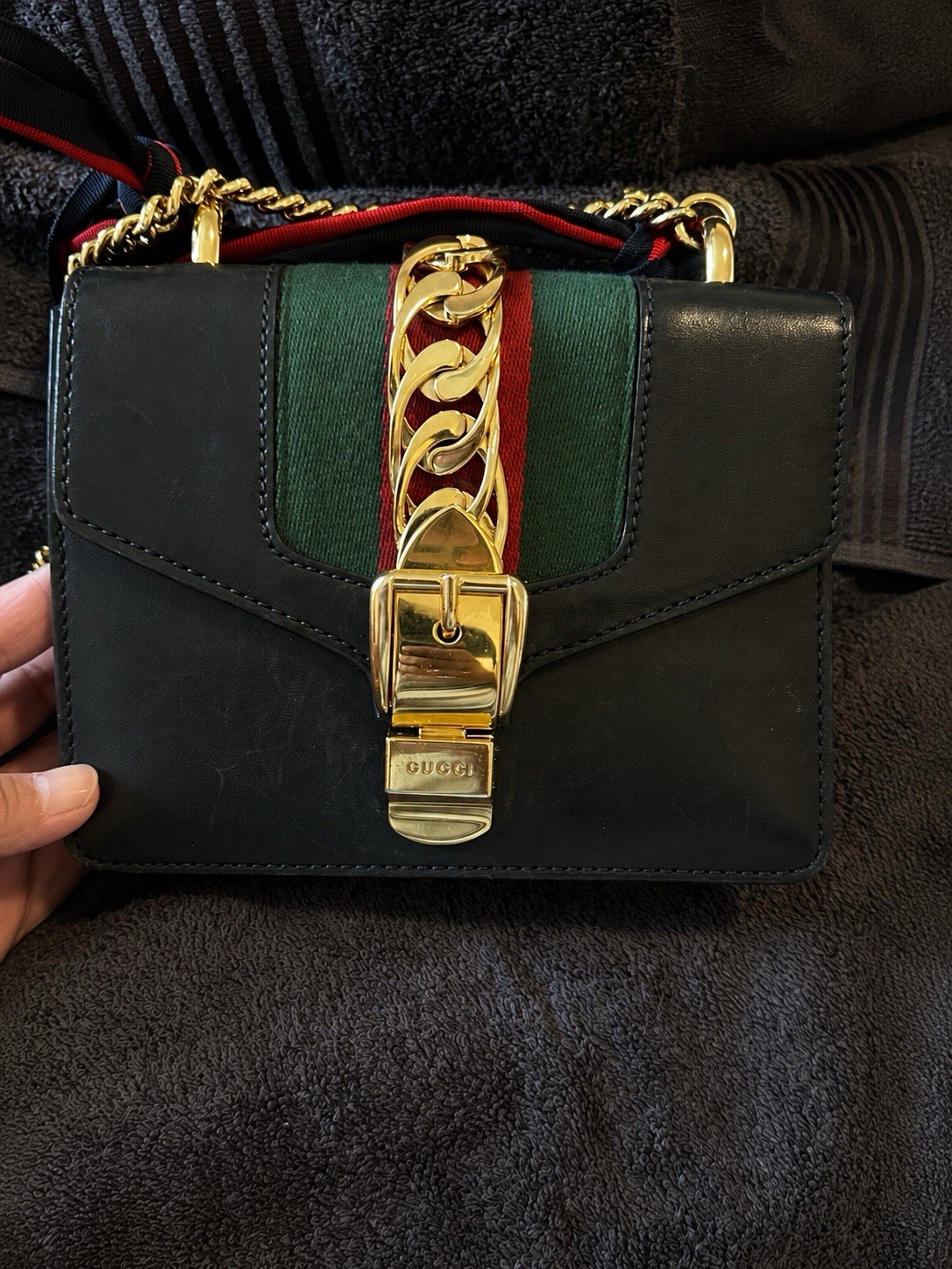 Gucci Small Black Crossbody Bag Gold Chain Web Stripe Buckle Detachable Strap