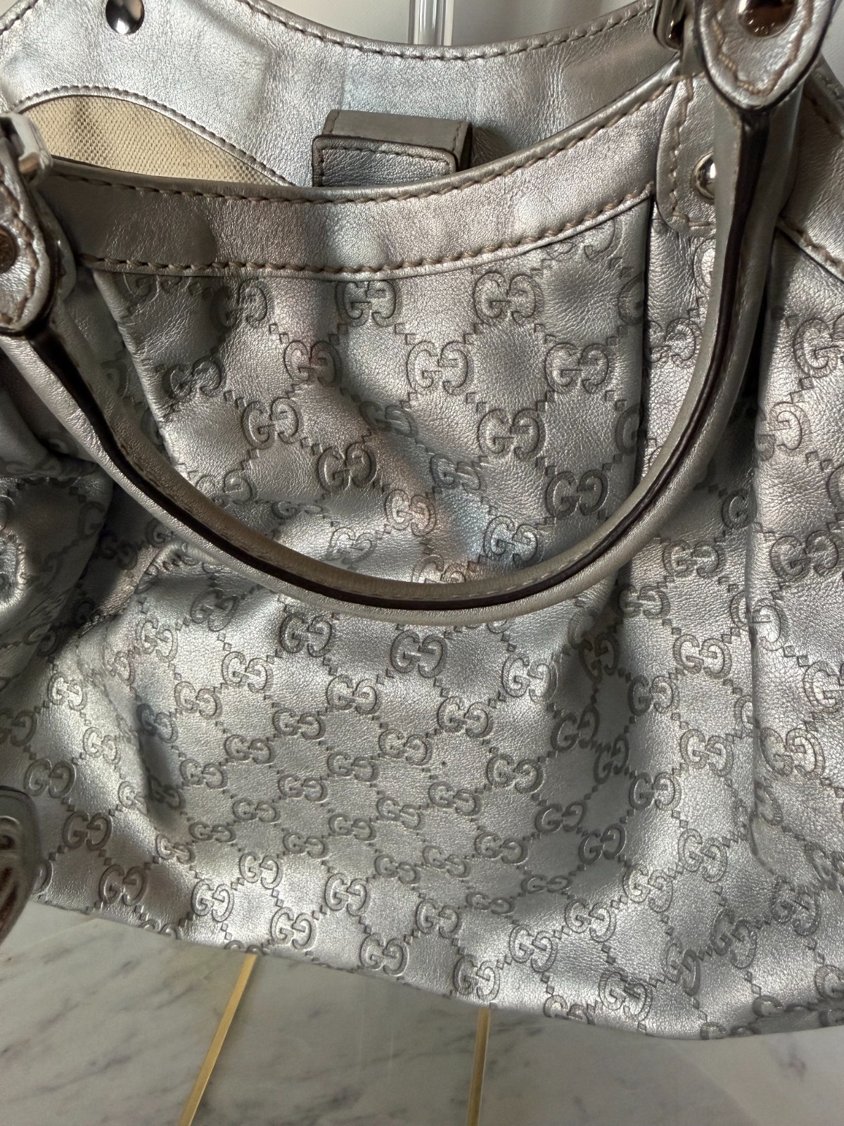 Gucci Guccissima Sukey Tote Metallic Silver Leather Shoulder Bag 211944