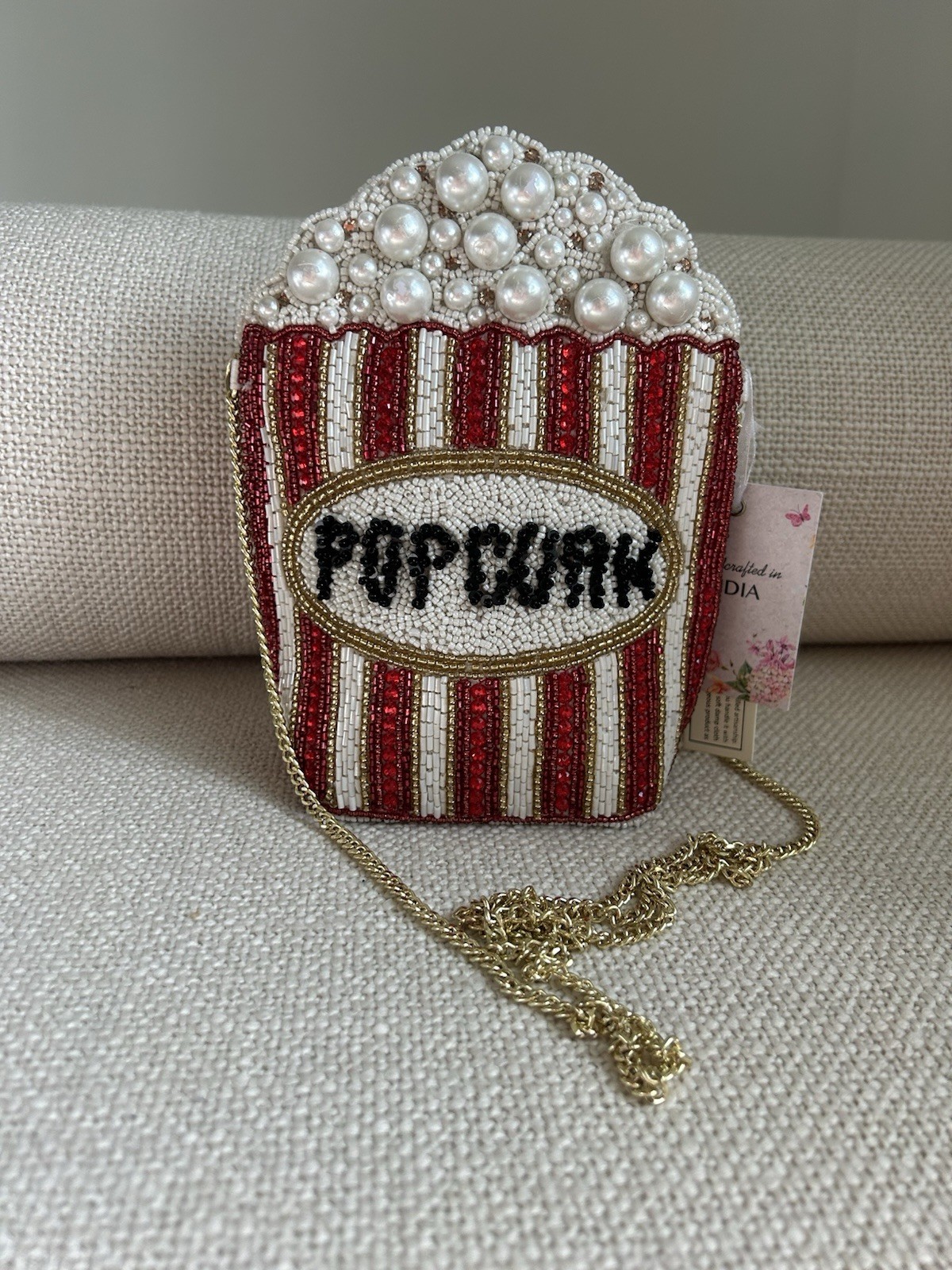 NWT Handmade Beaded Popcorn Crossbody Bag Pearl Red Novelty Movie Theater Purse