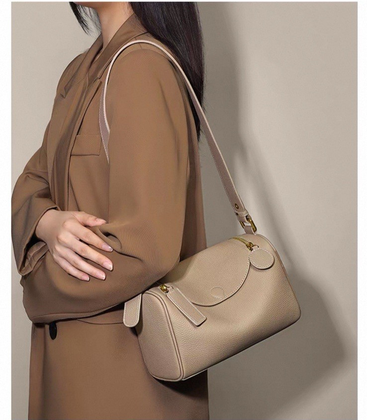 New Genuine Leather Women’s Crossbody Pillow Boston Handbag- Khaki/Light Grey