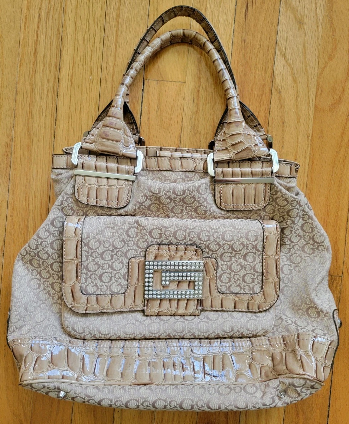 Guess Purse Faux Croc G Logo Beige Tan Rhinestones Y2K Retro FLAW* SEE PIC READ